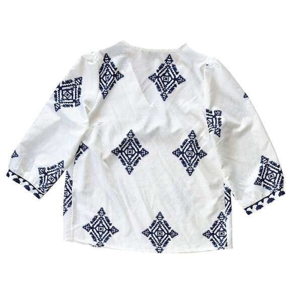 Elings Boho White & Blue Geometric Print Bracelet Sleeve V-Neck Blouse Small - Picture 4 of 6